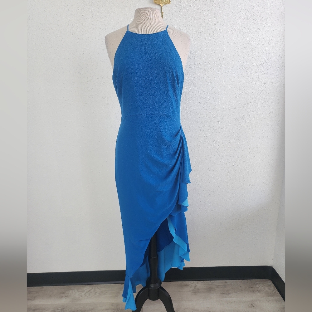 Badgley Mischka Electric Blue Asymmetrical Ruffle Dress